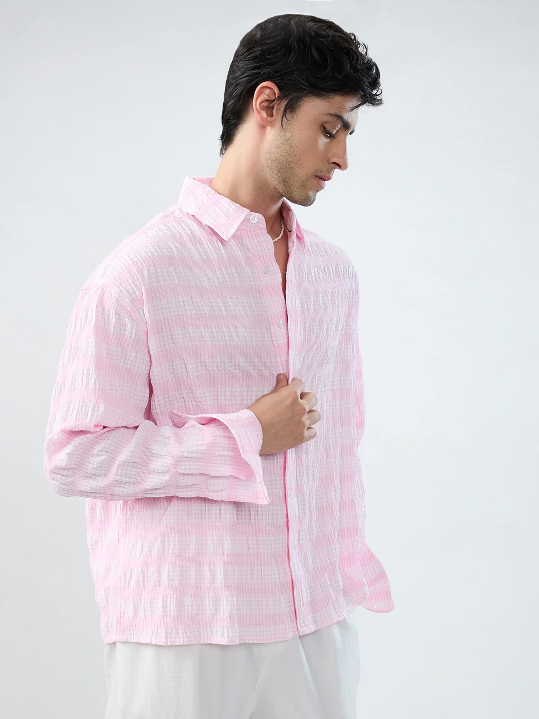 Blush Pink & White Seersucker Gingham Checks Boxy Fit Crop Shirt - Image 5