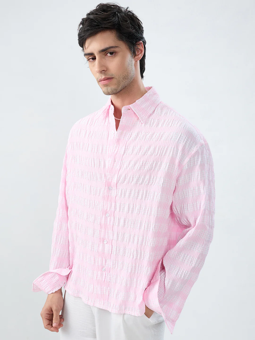 Blush Pink & White Seersucker Gingham Checks Boxy Fit Crop Shirt - Image 6