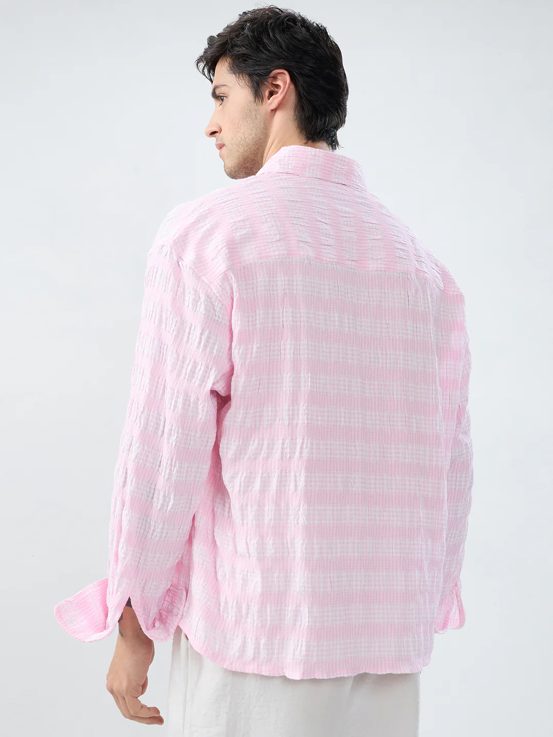 Blush Pink & White Seersucker Gingham Checks Boxy Fit Crop Shirt - Image 7