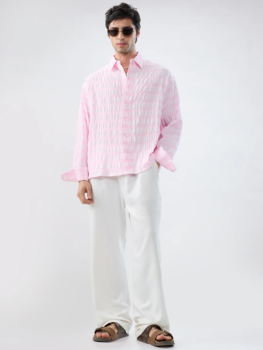 Blush Pink & White Seersucker Gingham Checks Boxy Fit Crop Shirt - Image 8