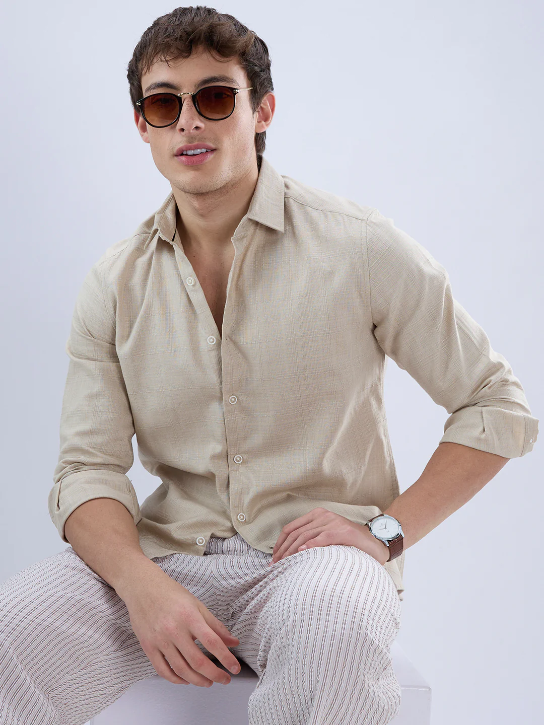 Bone Beige Textured Weave Shirt - Image 2