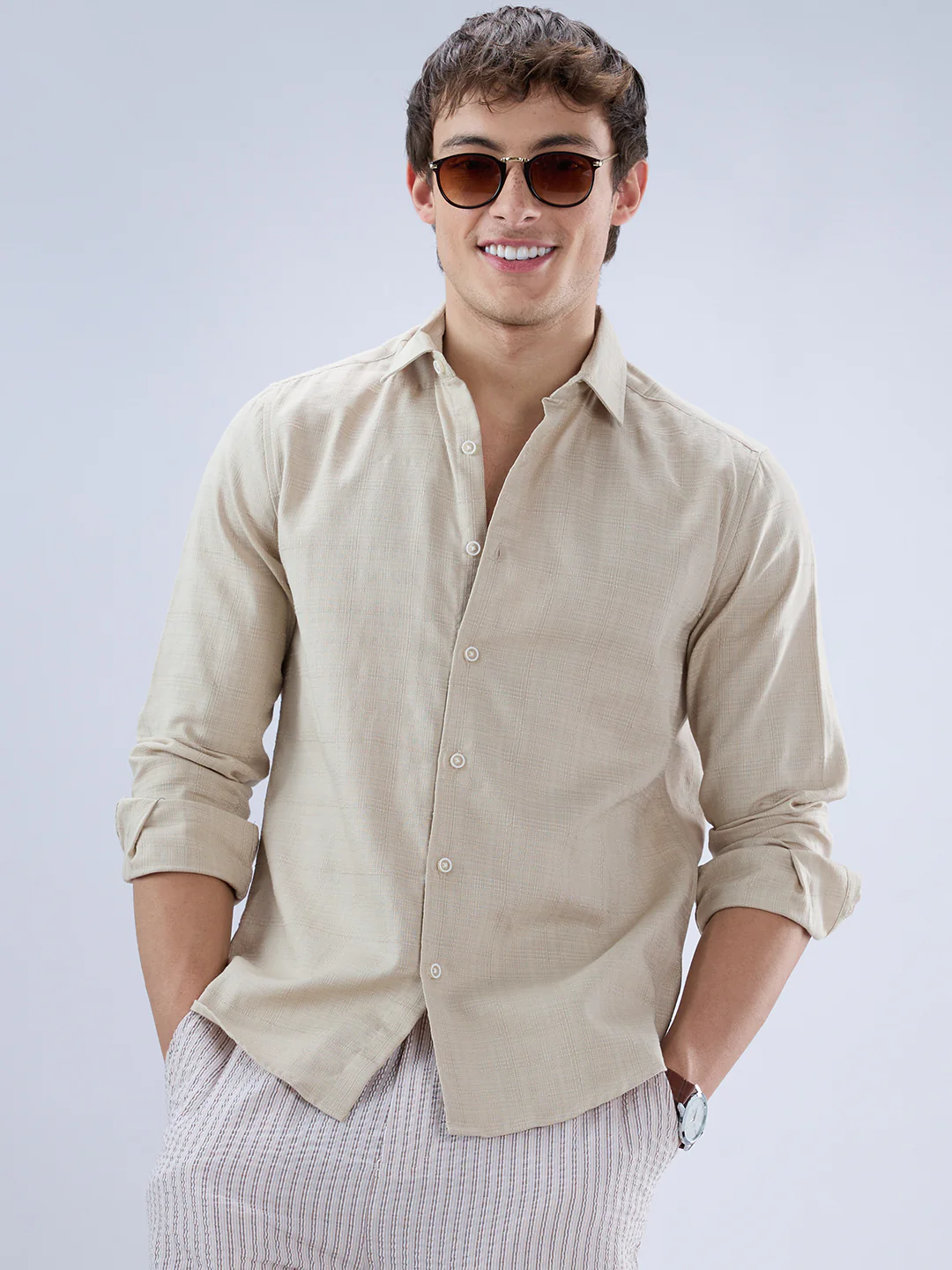Bone Beige Textured Weave Shirt - Image 4