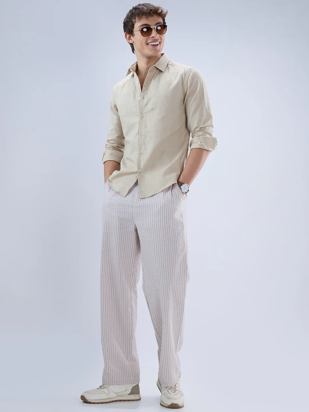 Bone Beige Textured Weave Shirt - Image 8