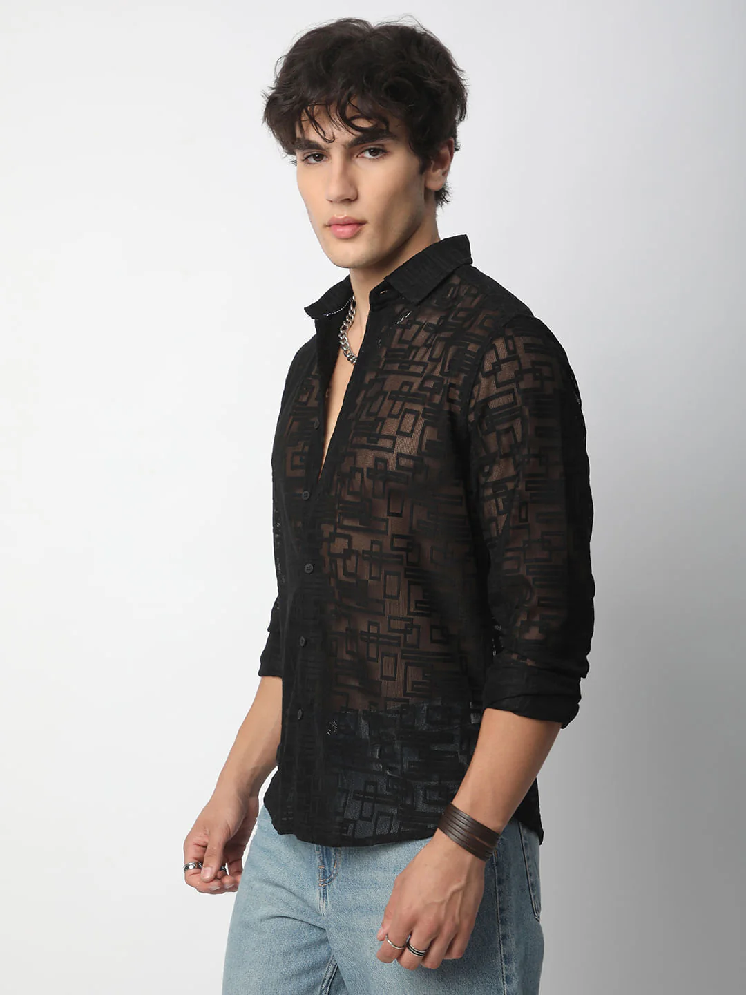 Breezy Black Maze Textured Mesh Shirt - Image 5