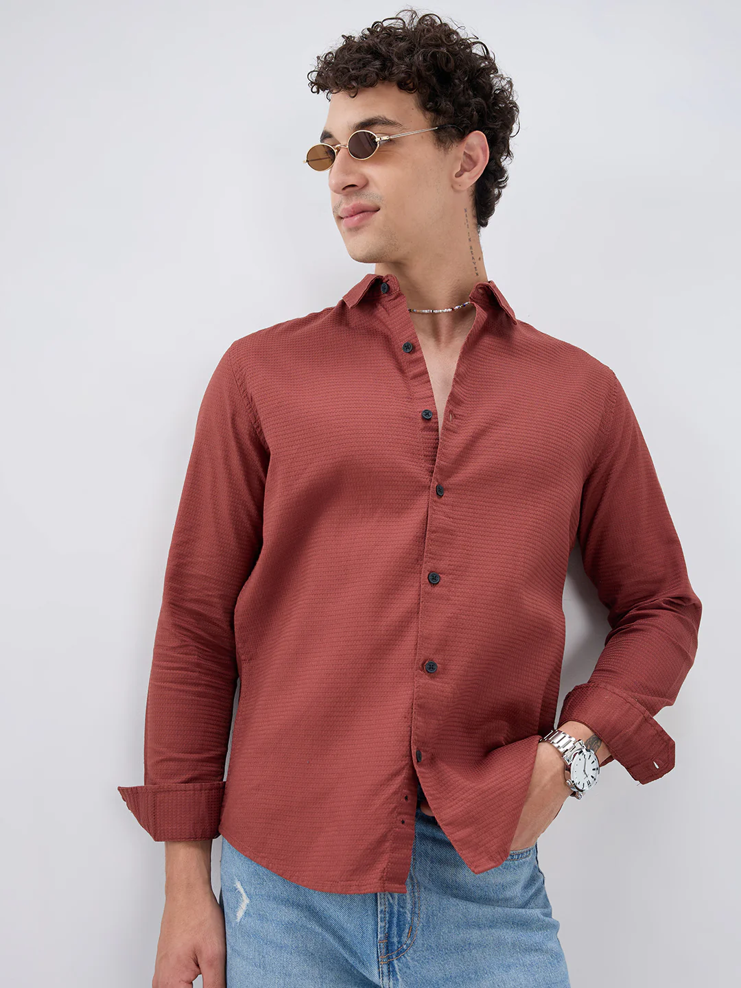 Brick Red Textured Knit Shirt