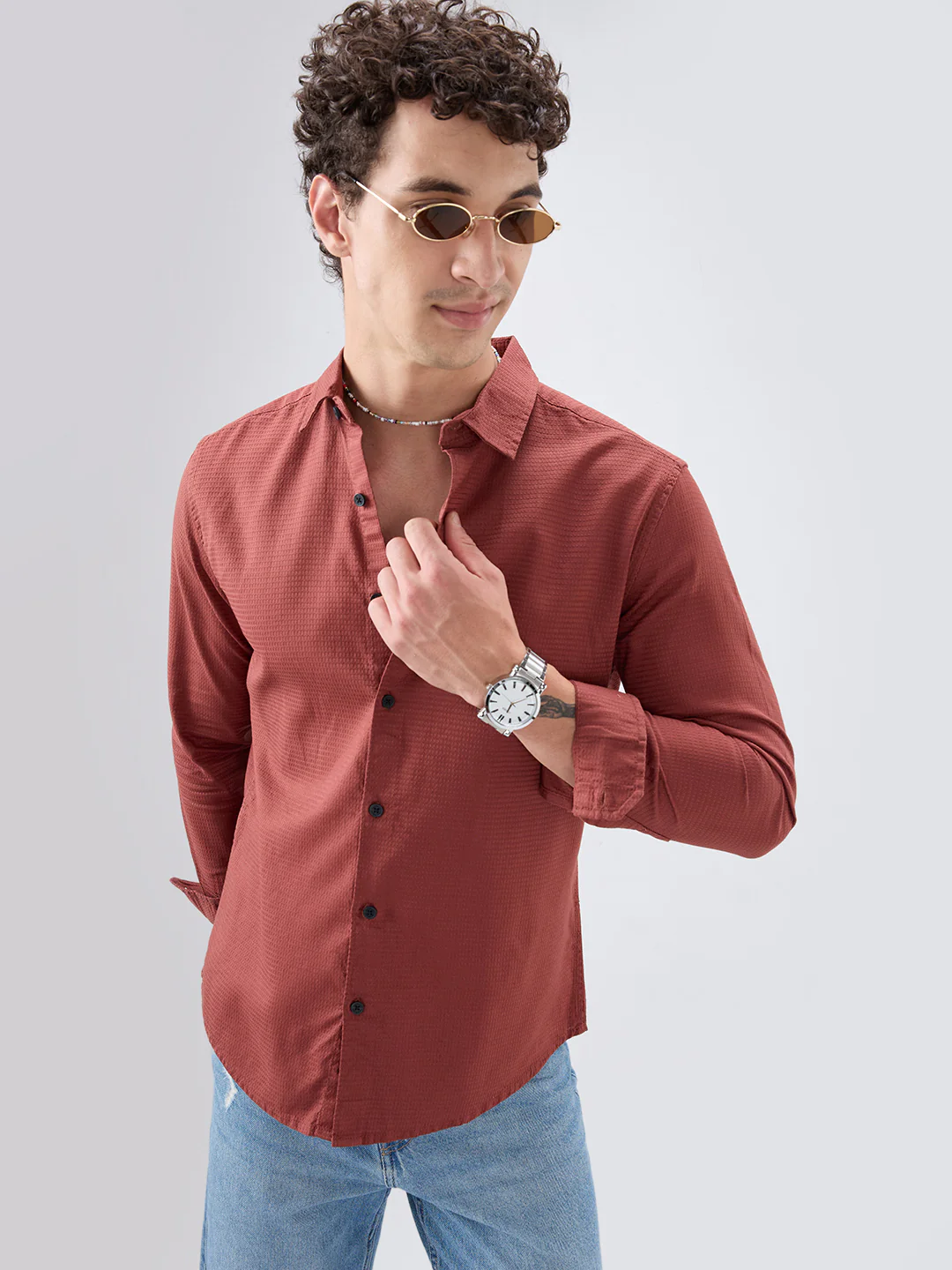 Brick Red Textured Knit Shirt - Image 2
