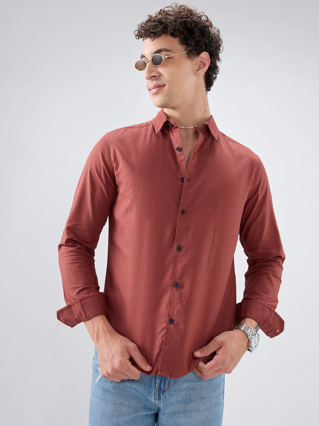 Brick Red Textured Knit Shirt - Image 4