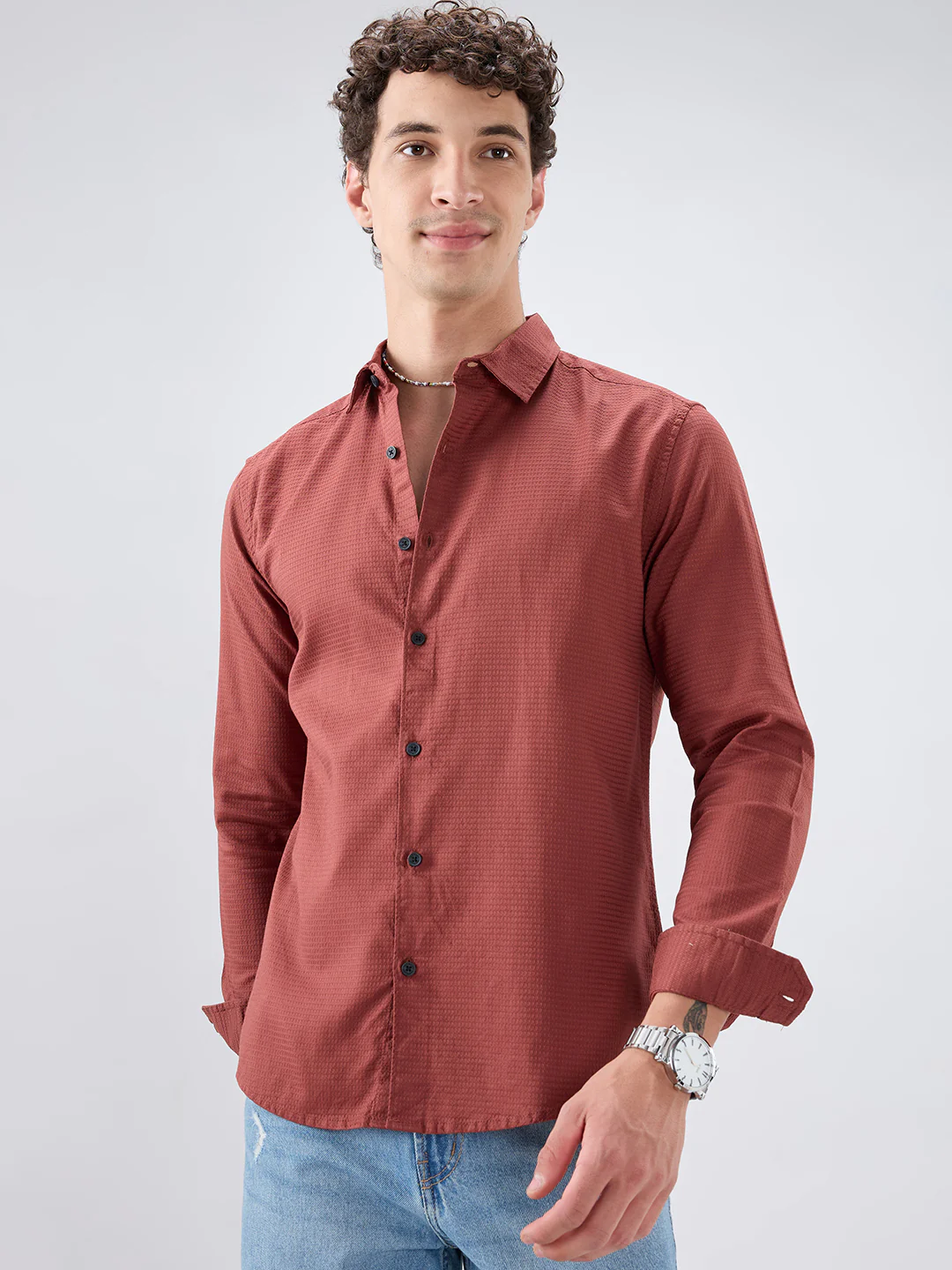 Brick Red Textured Knit Shirt - Image 5