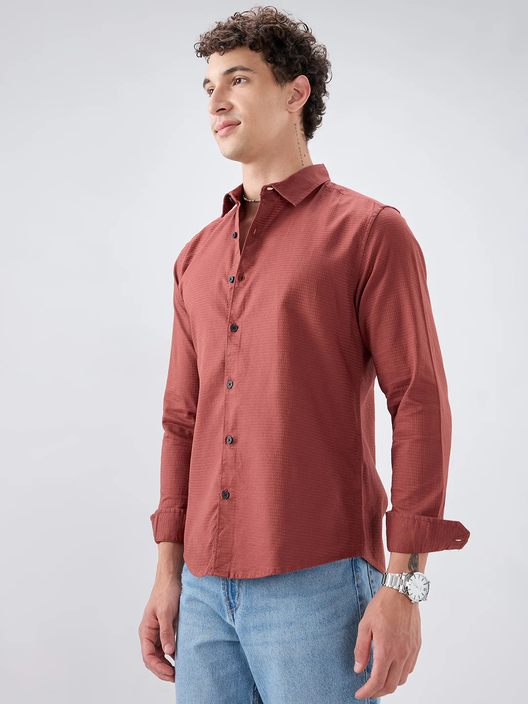 Brick Red Textured Knit Shirt - Image 6