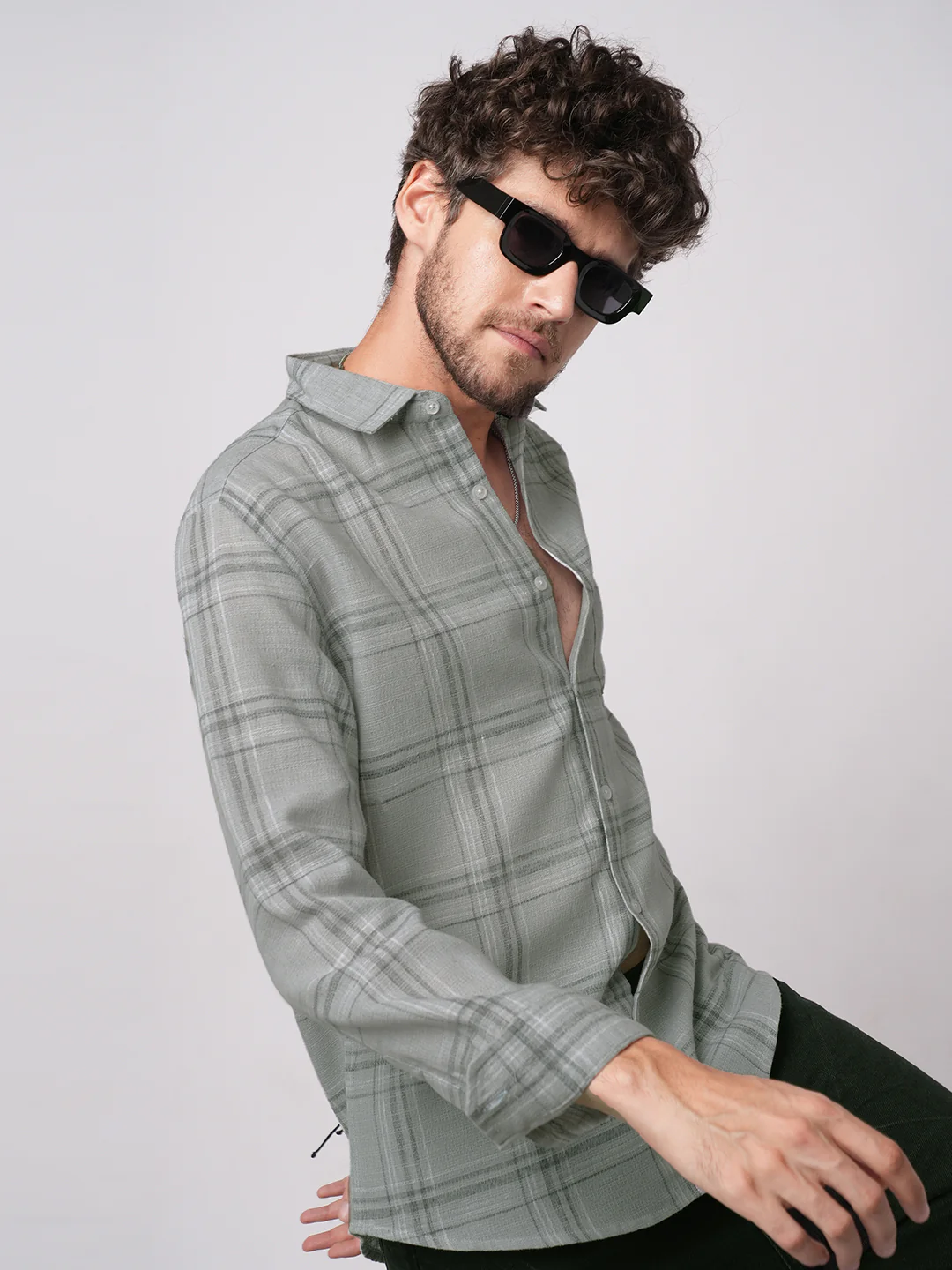 Bright Grey Gauze Grid Checks Shirt - Image 2