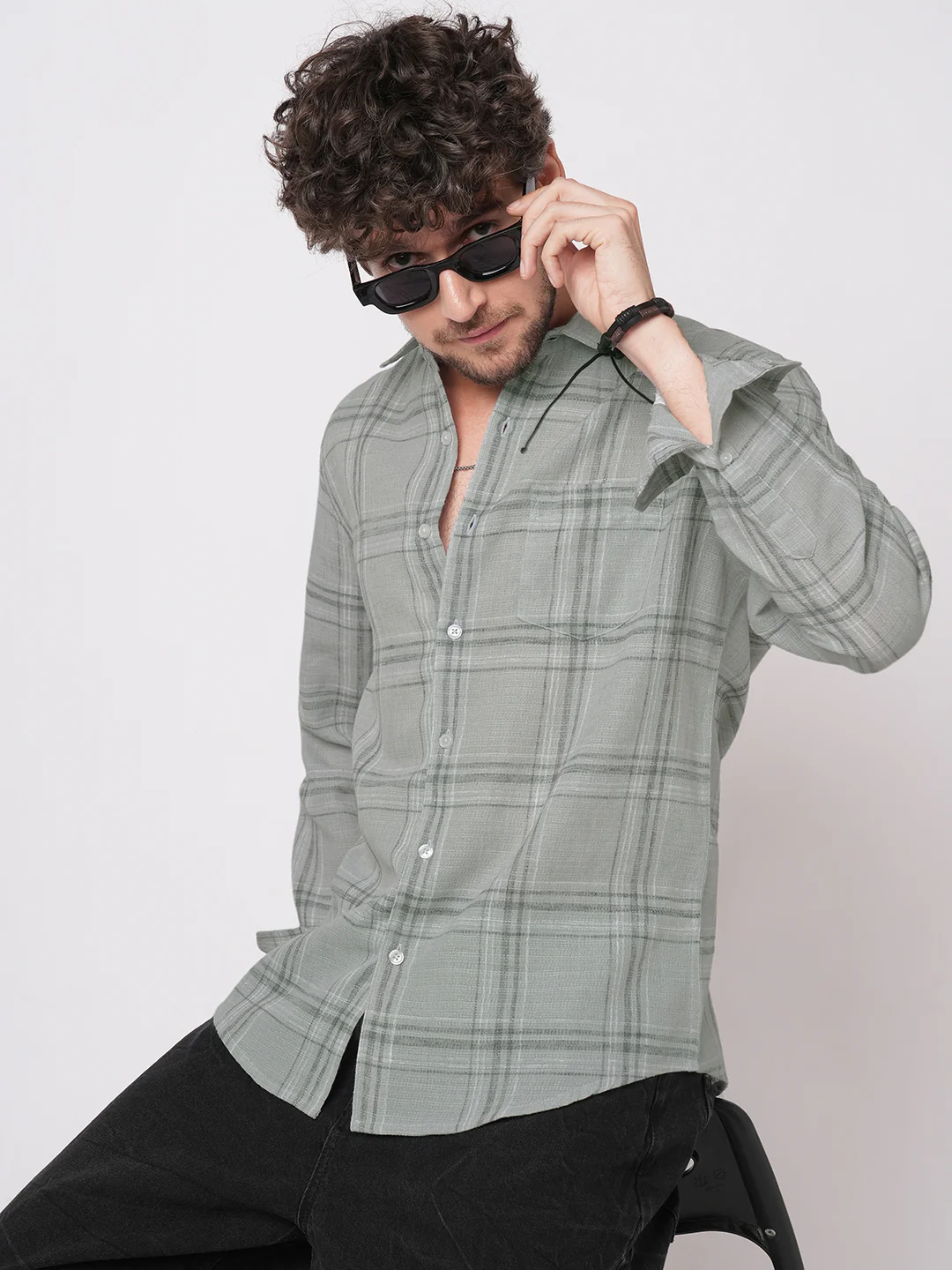 Bright Grey Gauze Grid Checks Shirt - Image 4