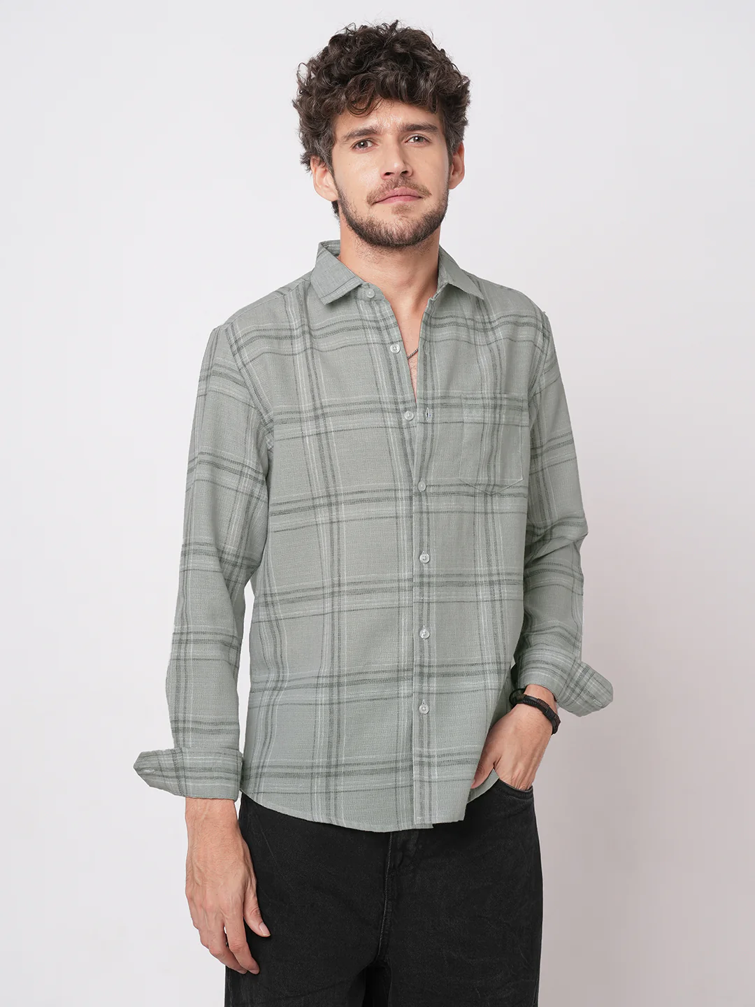 Bright Grey Gauze Grid Checks Shirt - Image 5
