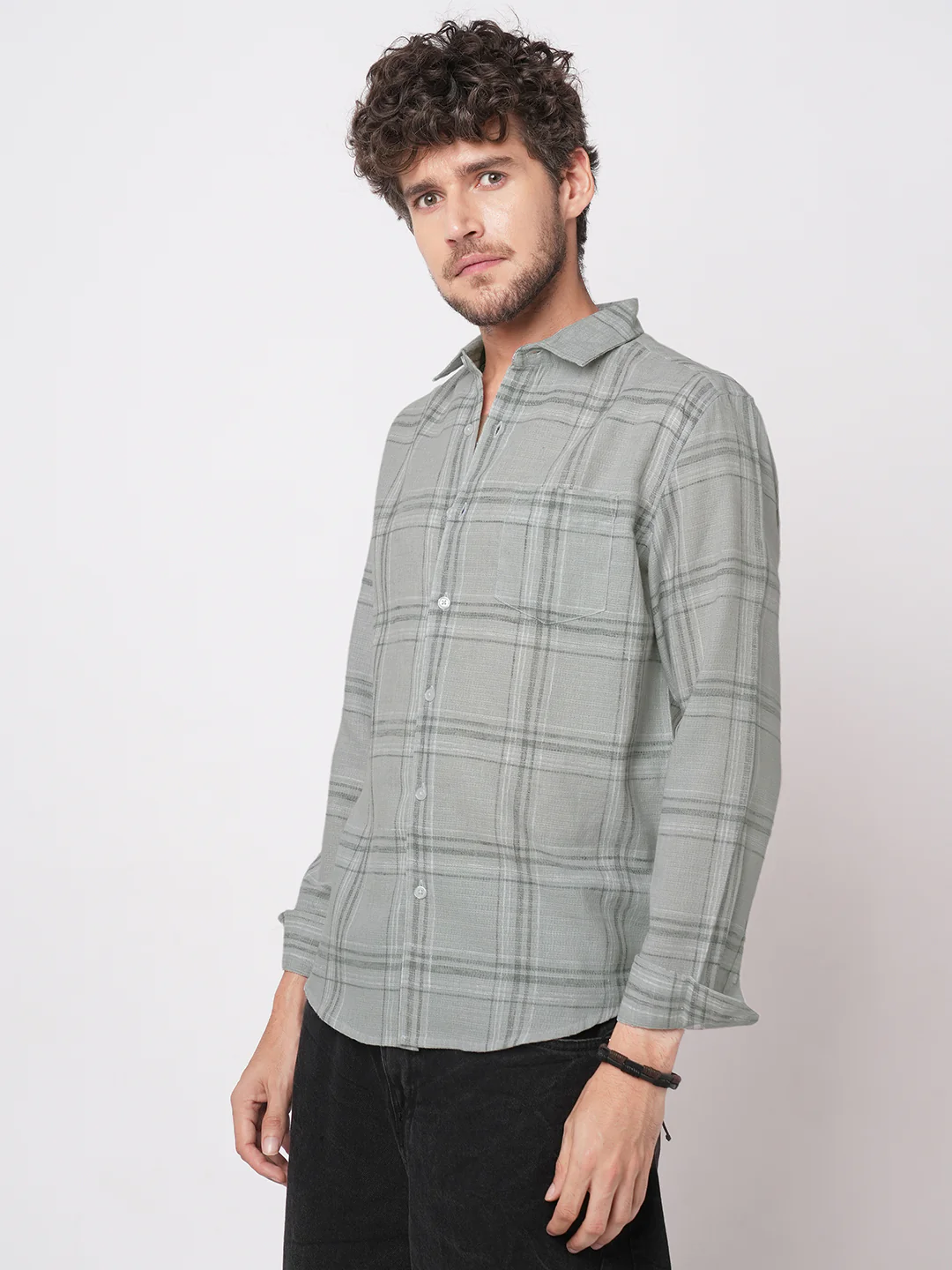 Bright Grey Gauze Grid Checks Shirt - Image 6