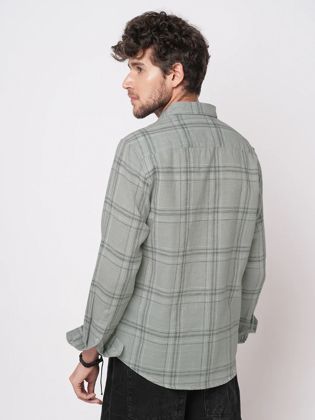 Bright Grey Gauze Grid Checks Shirt - Image 7