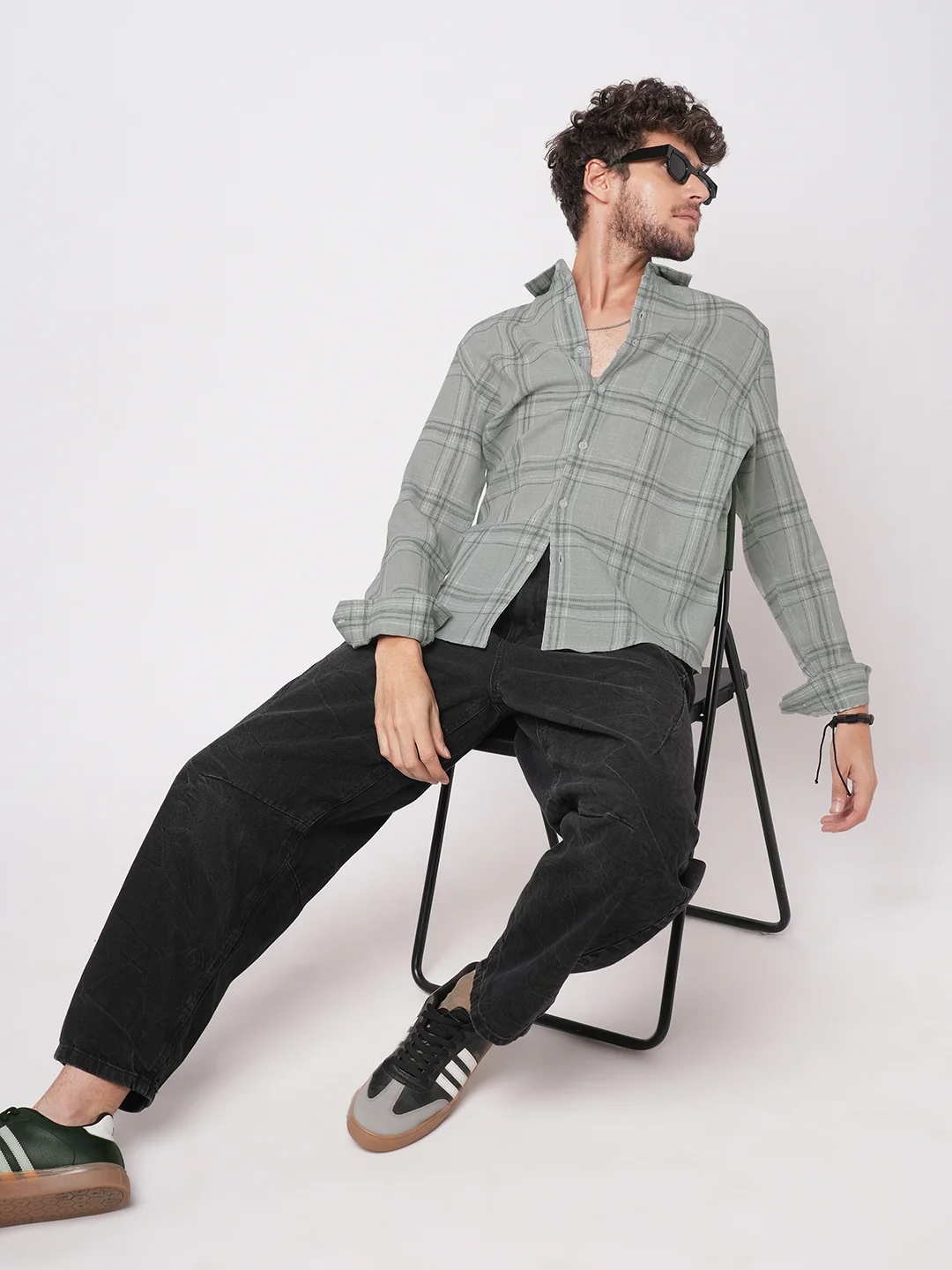 Bright Grey Gauze Grid Checks Shirt - Image 8