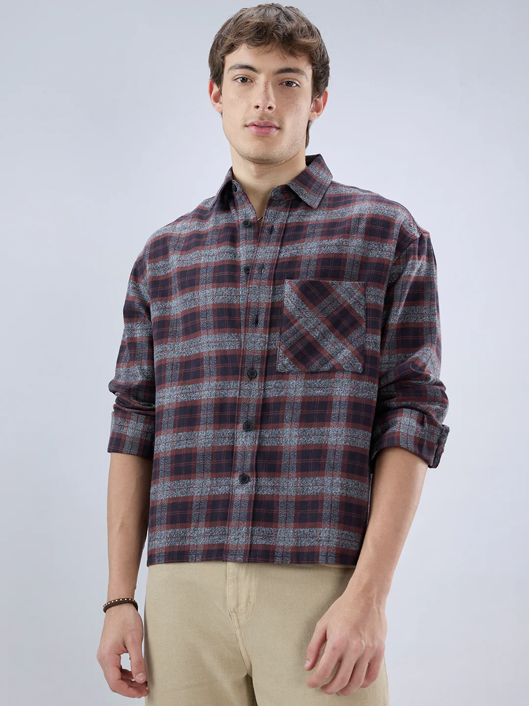 Brown & Black Boxy Fit Crop Flannel - Image 5