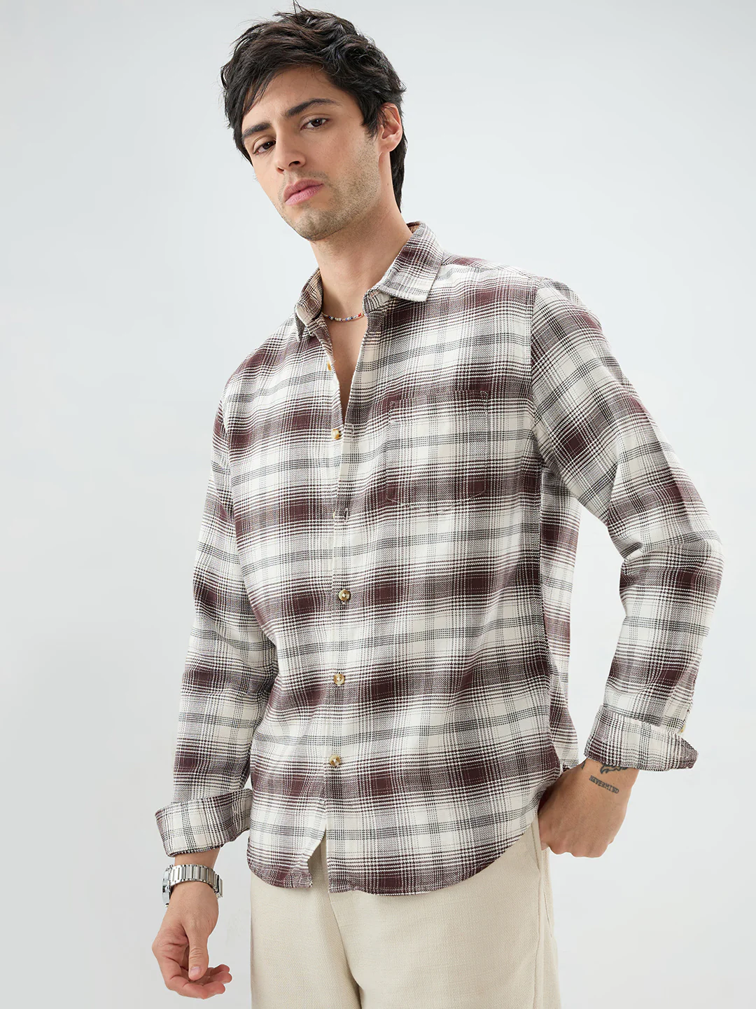 Brown & White Sable Grid Checks Shirt - Image 5