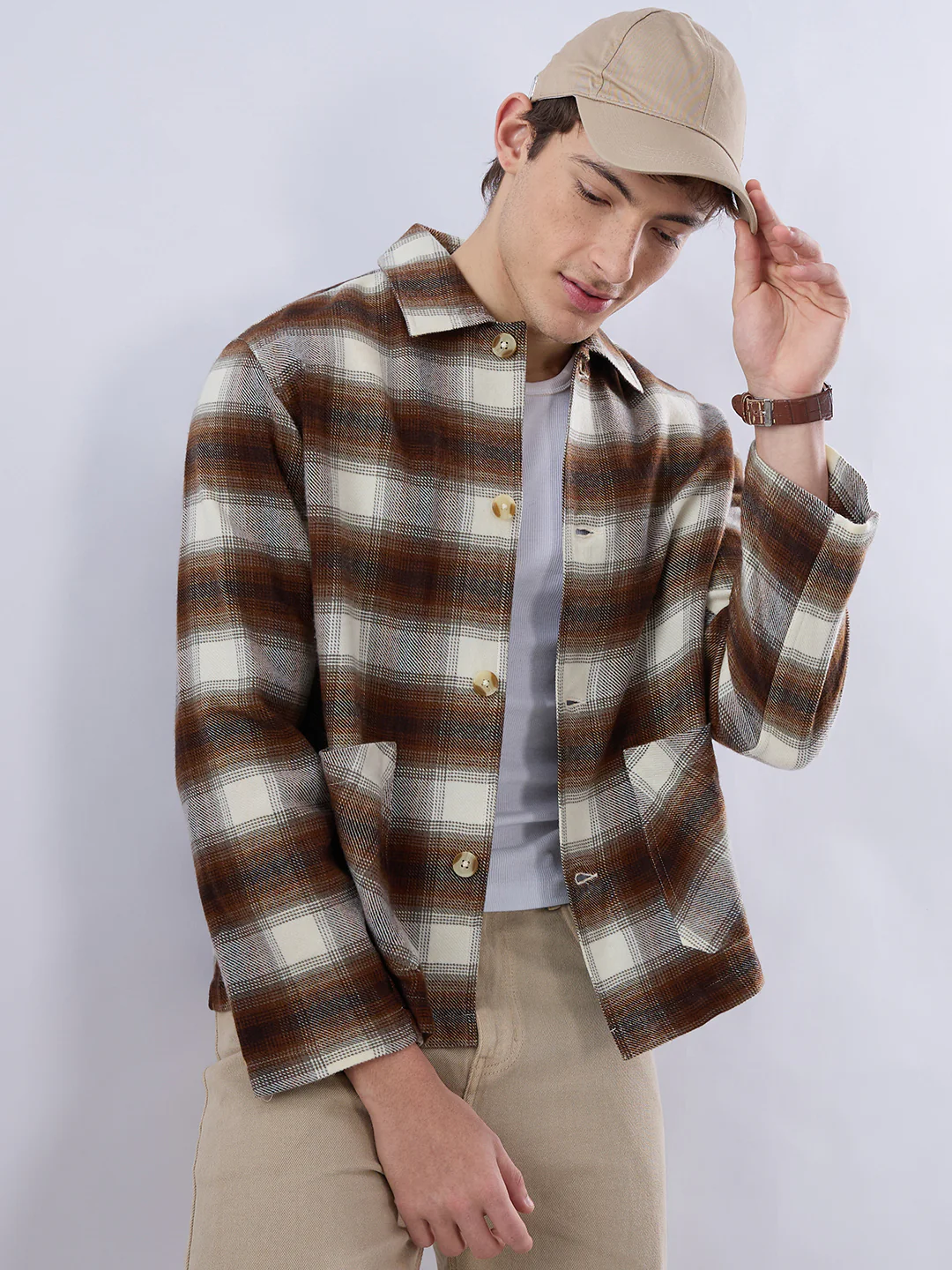 Brown & Beige Oversized Cropped Shacket