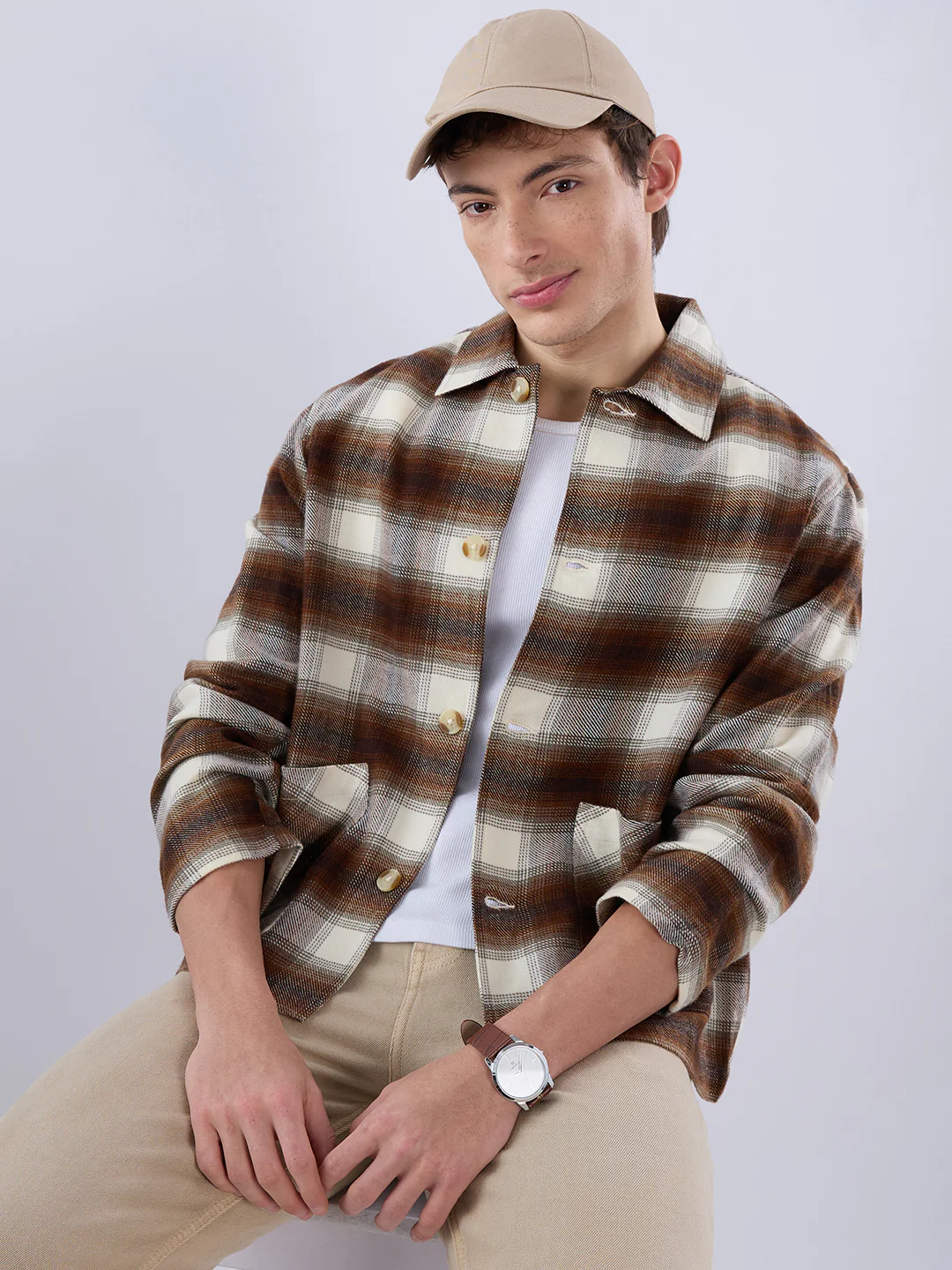 Brown & Beige Oversized Cropped Shacket - Image 2
