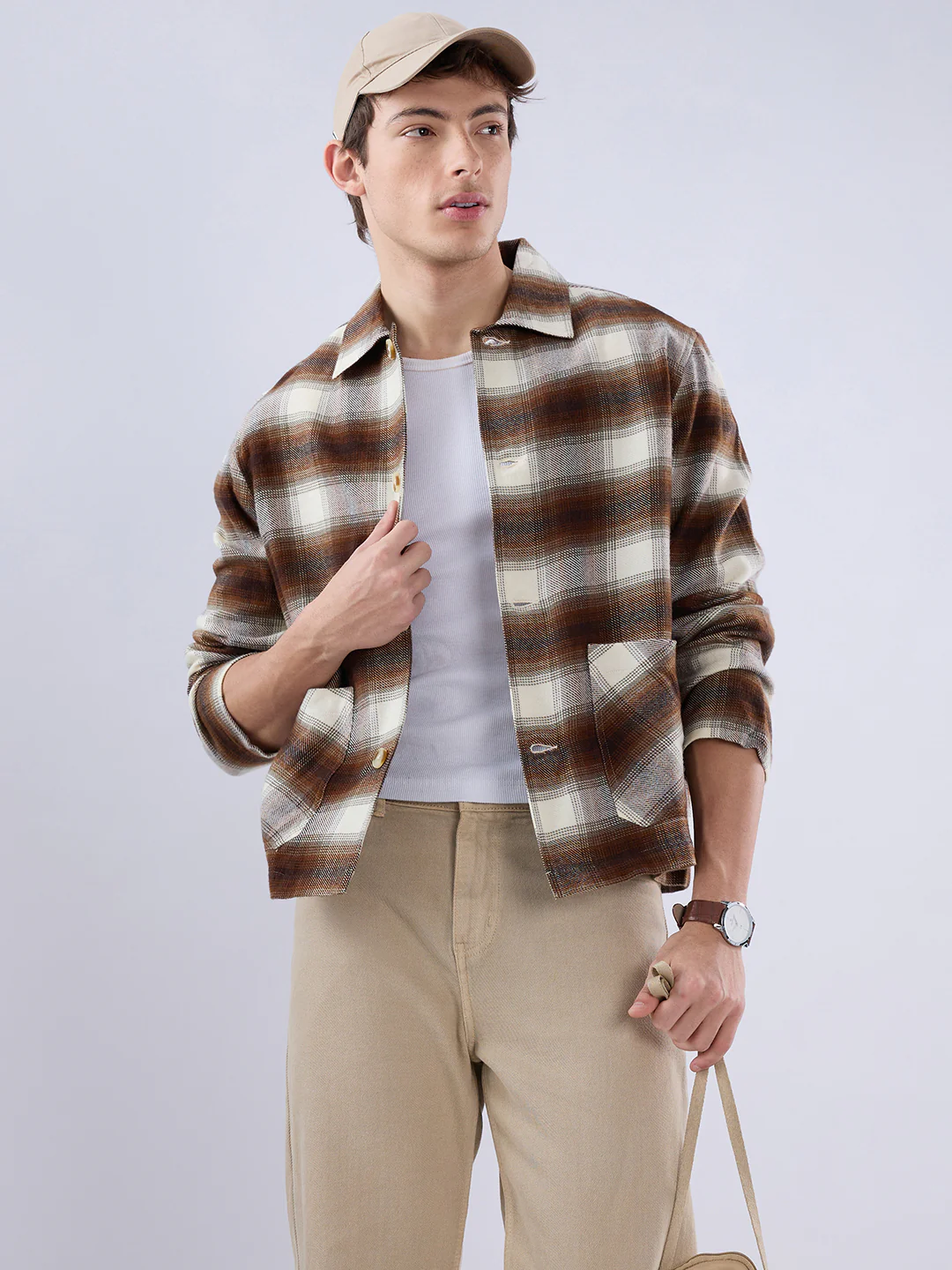Brown & Beige Oversized Cropped Shacket - Image 4
