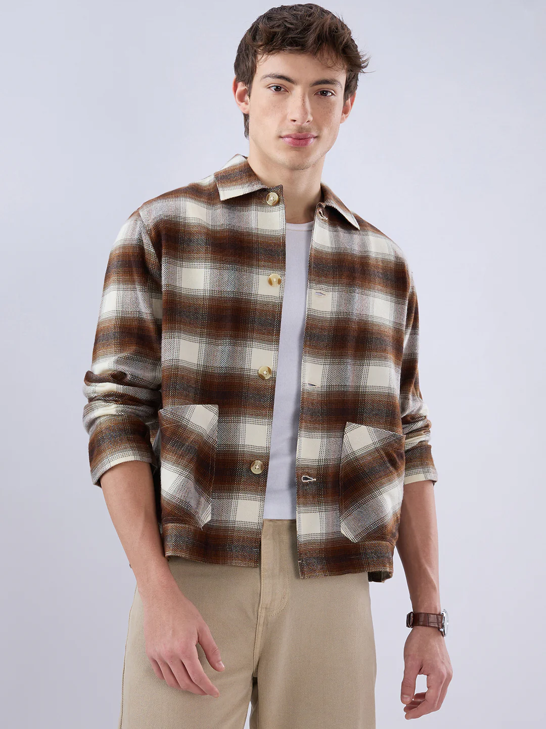 Brown & Beige Oversized Cropped Shacket - Image 5