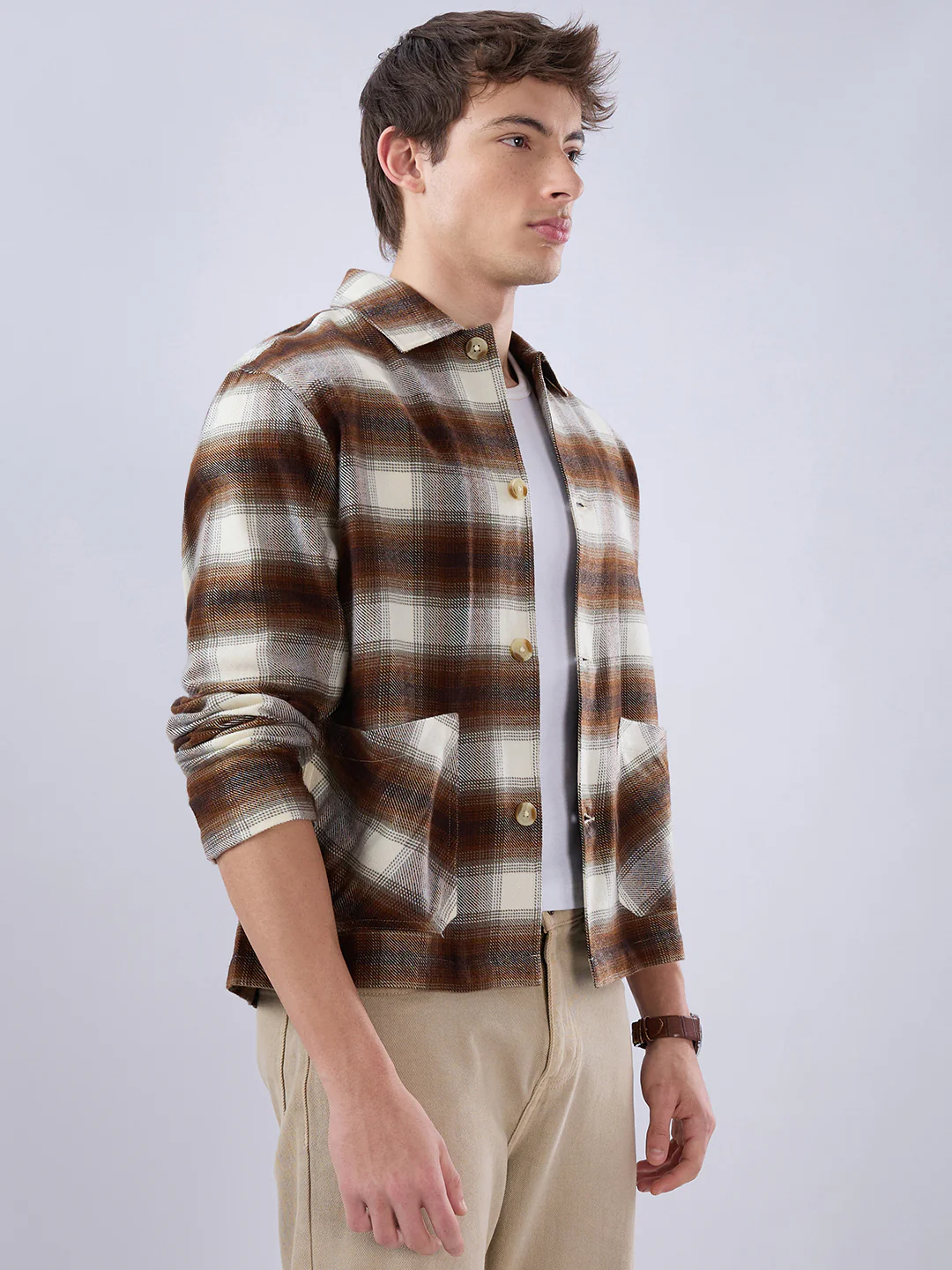 Brown & Beige Oversized Cropped Shacket - Image 6
