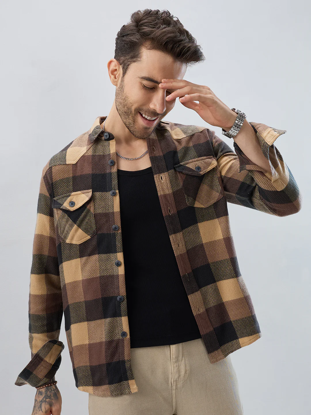 Brown & Black Tartan Checked Double Pocket Flannel - Image 2