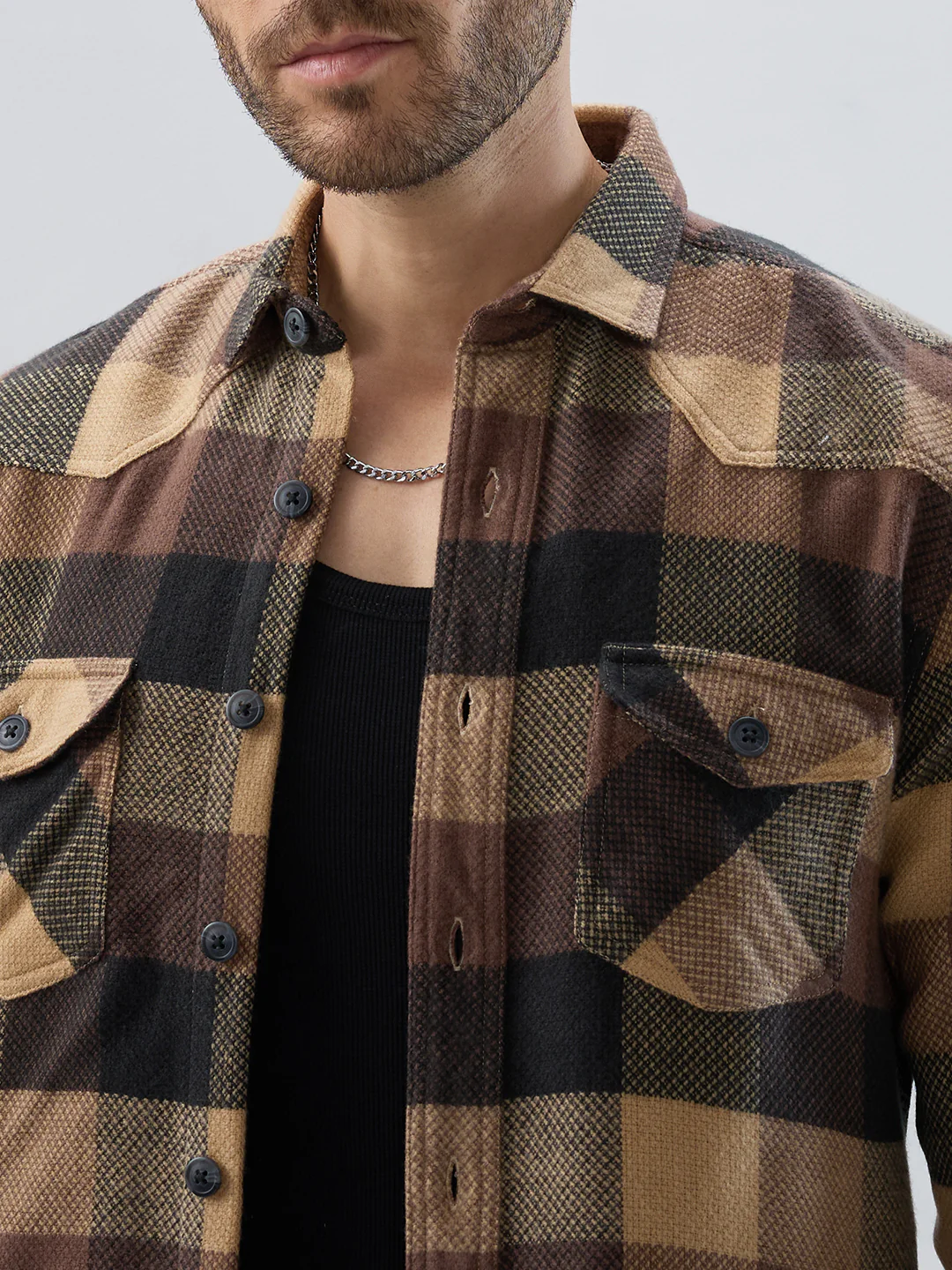 Brown & Black Tartan Checked Double Pocket Flannel - Image 3