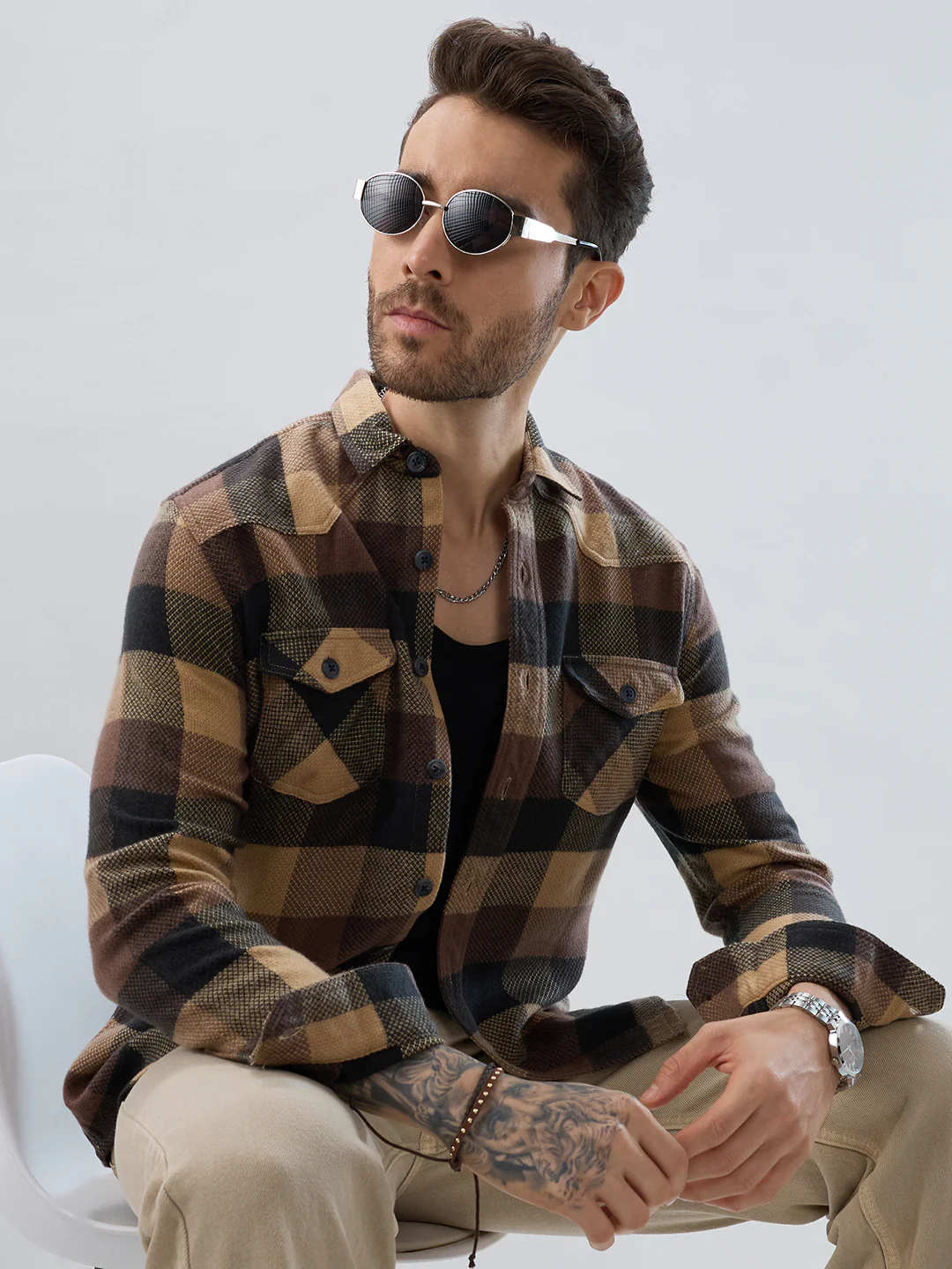 Brown & Black Tartan Checked Double Pocket Flannel - Image 4