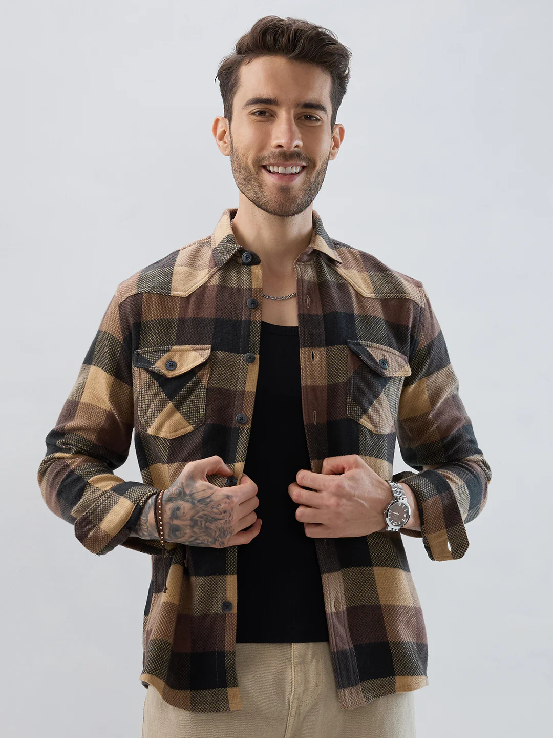 Brown & Black Tartan Checked Double Pocket Flannel - Image 5