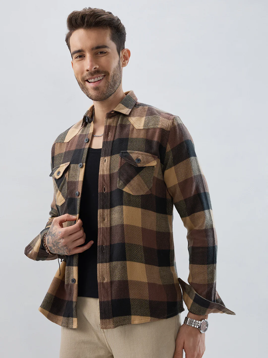 Brown & Black Tartan Checked Double Pocket Flannel - Image 6
