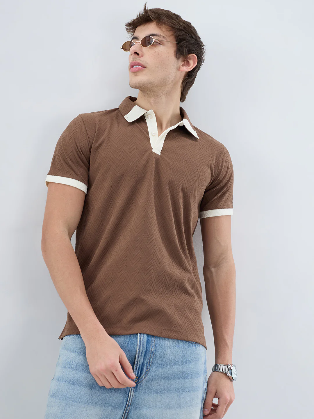 Brown Chevron Contrast Knit Polo Neck T-shirt