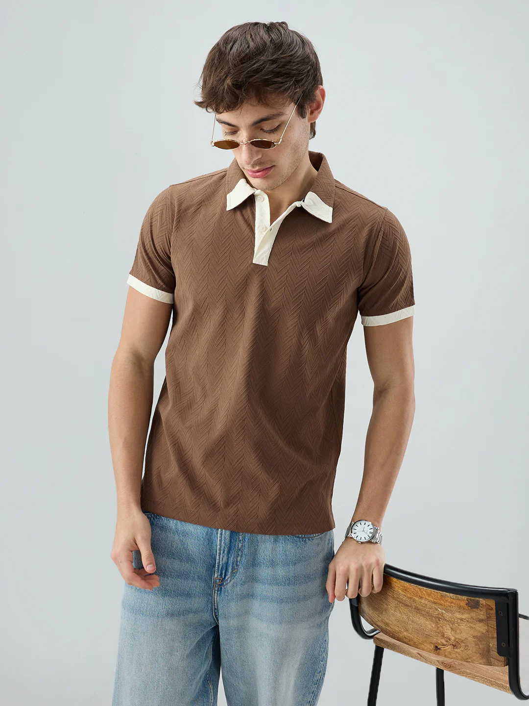 Brown Chevron Contrast Knit Polo Neck T-shirt - Image 2