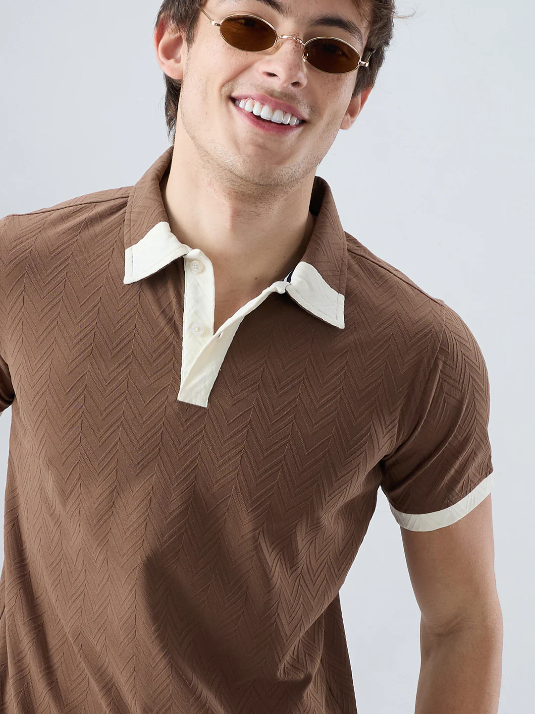 Brown Chevron Contrast Knit Polo Neck T-shirt - Image 3