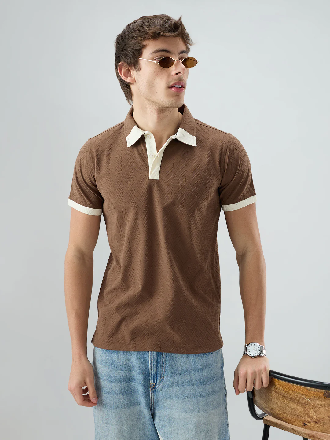 Brown Chevron Contrast Knit Polo Neck T-shirt - Image 4