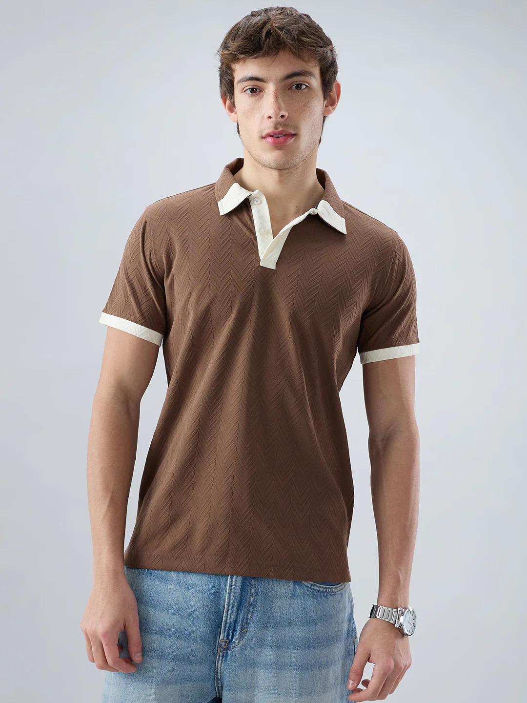 Brown Chevron Contrast Knit Polo Neck T-shirt - Image 5