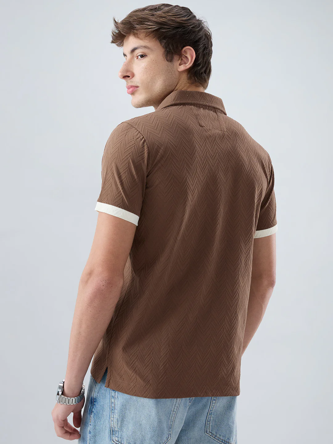 Brown Chevron Contrast Knit Polo Neck T-shirt - Image 7