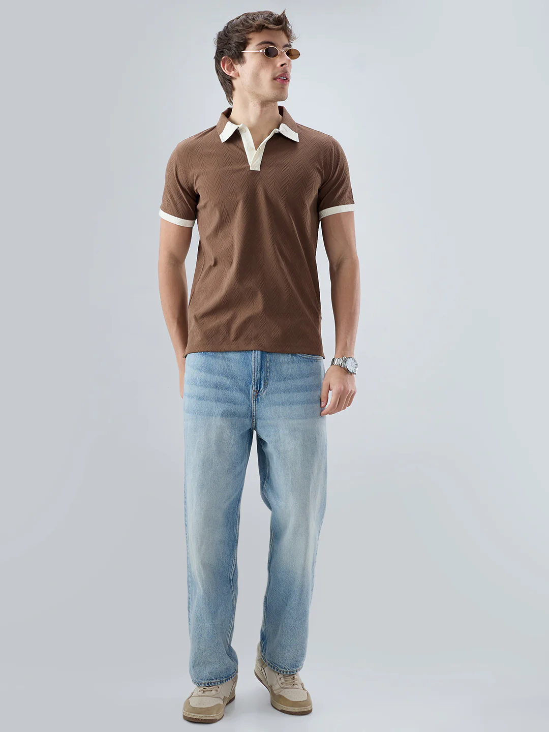 Brown Chevron Contrast Knit Polo Neck T-shirt - Image 8