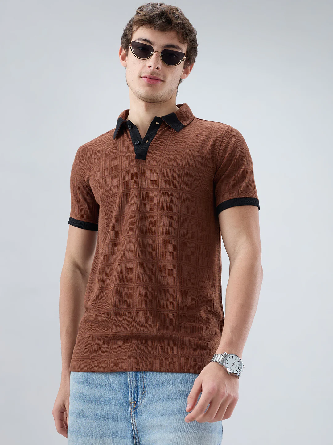 Brown Contrast Polo Neck Knit T-shirt - Image 2