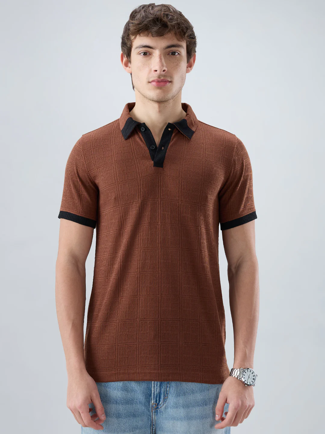 Brown Contrast Polo Neck Knit T-shirt - Image 5