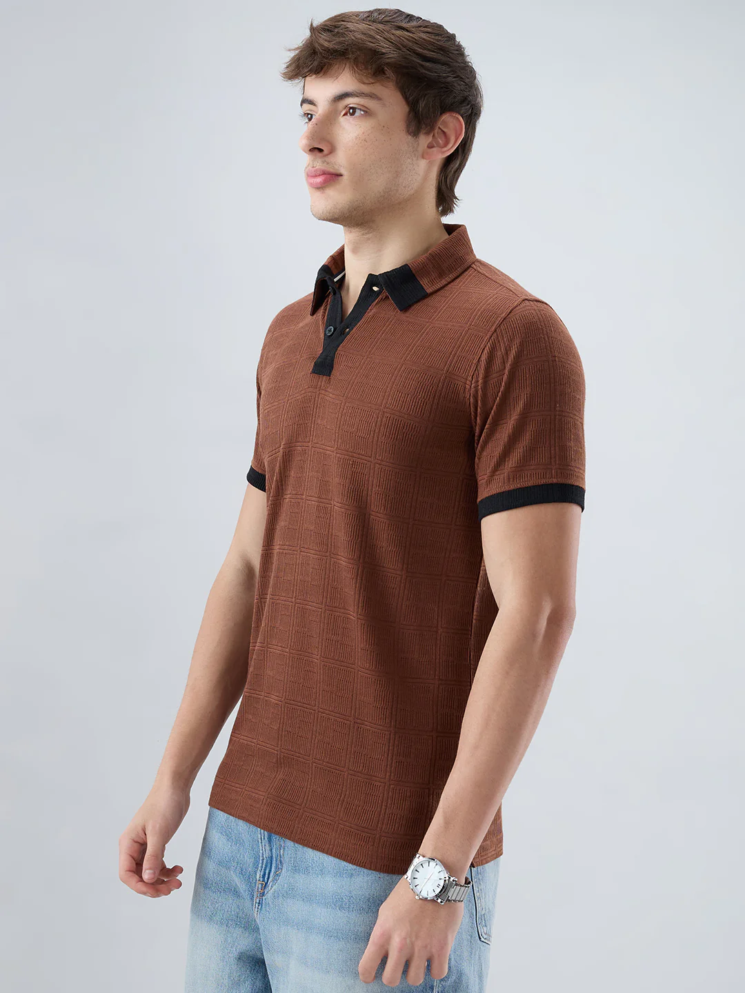 Brown Contrast Polo Neck Knit T-shirt - Image 6