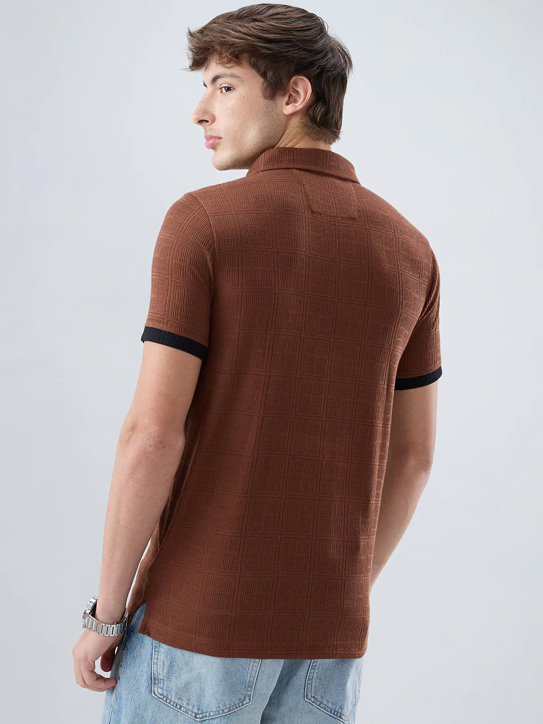 Brown Contrast Polo Neck Knit T-shirt - Image 7