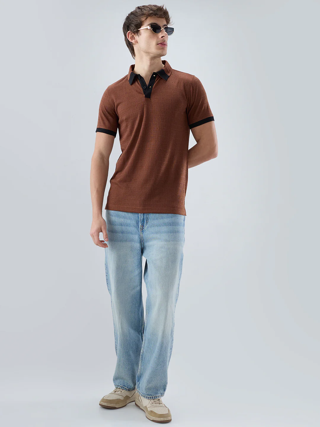 Brown Contrast Polo Neck Knit T-shirt - Image 8