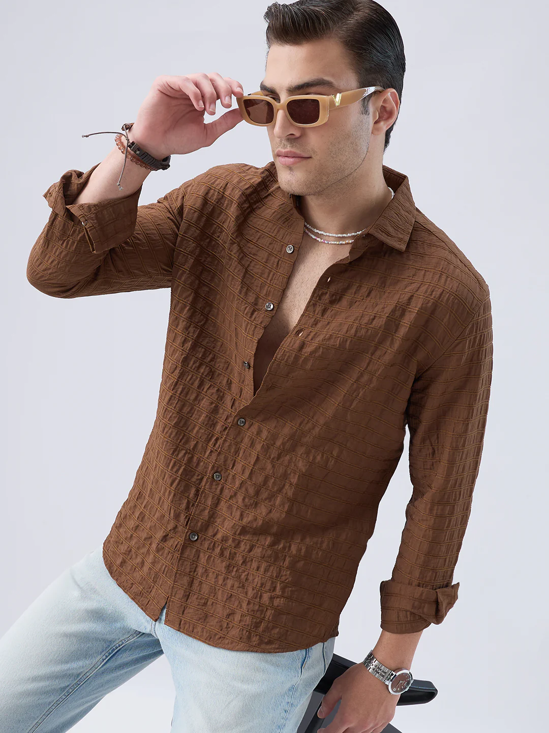 Brown Horizontal Stripes Textured Crinkled Shirt - Image 2