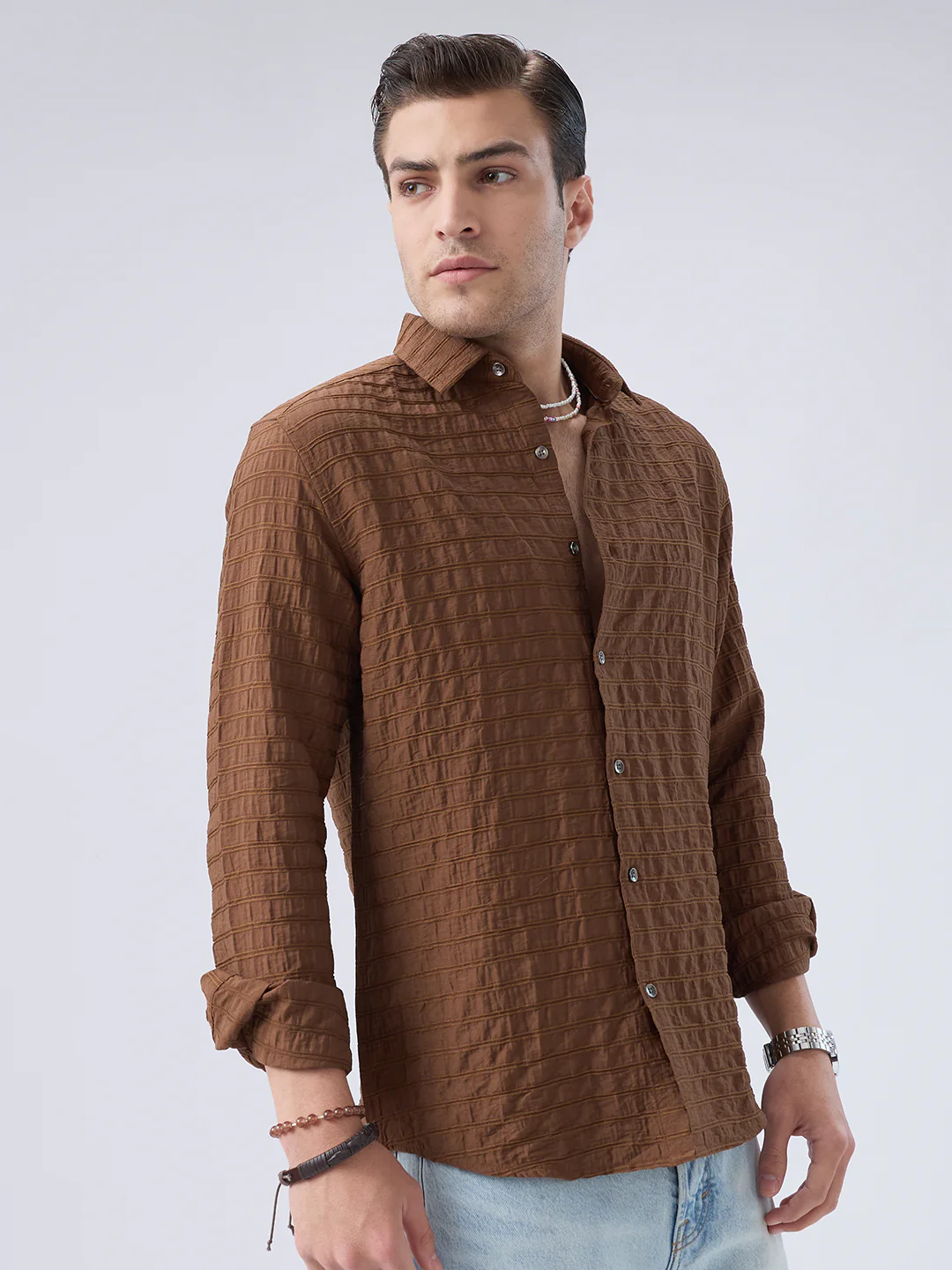 Brown Horizontal Stripes Textured Crinkled Shirt - Image 5
