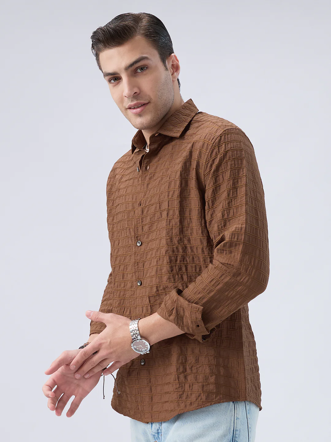 Brown Horizontal Stripes Textured Crinkled Shirt - Image 6