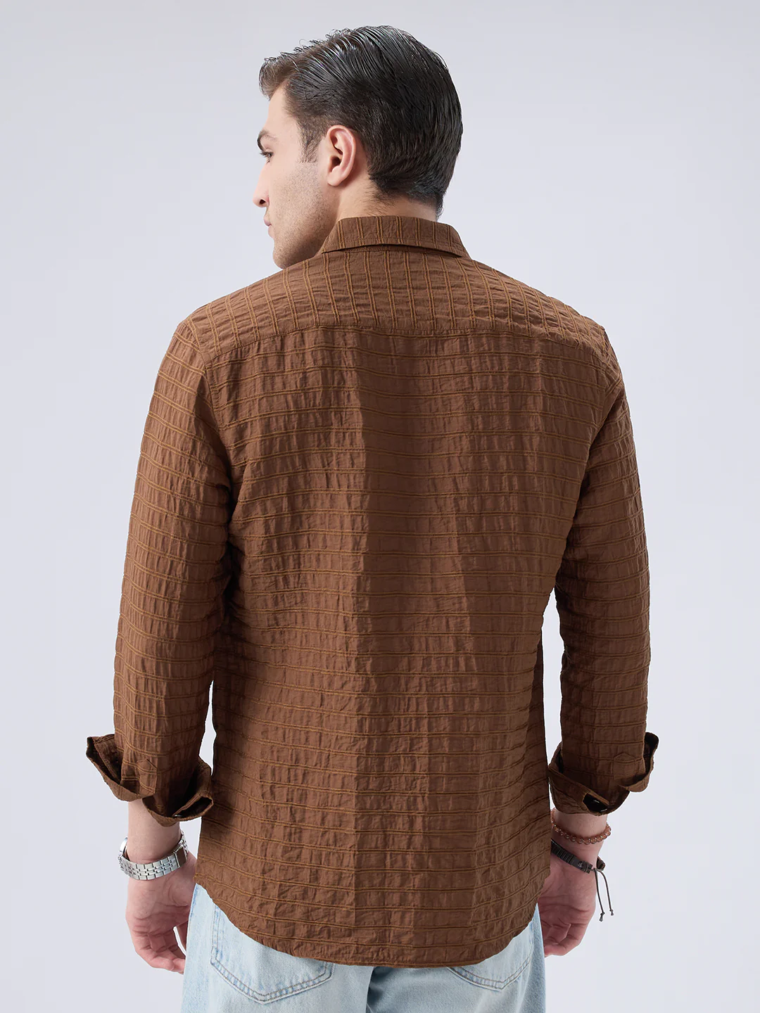 Brown Horizontal Stripes Textured Crinkled Shirt - Image 7