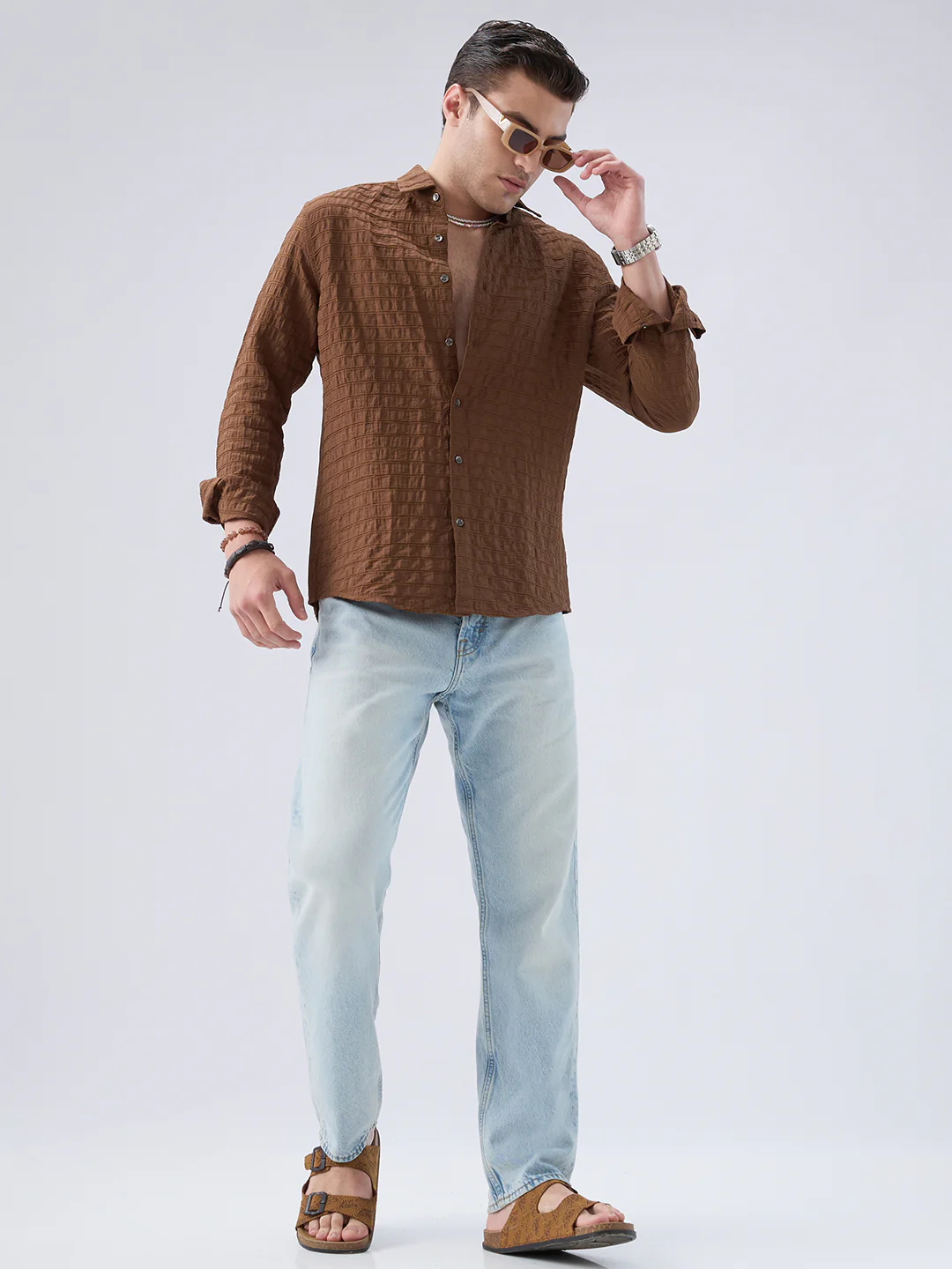 Brown Horizontal Stripes Textured Crinkled Shirt - Image 8