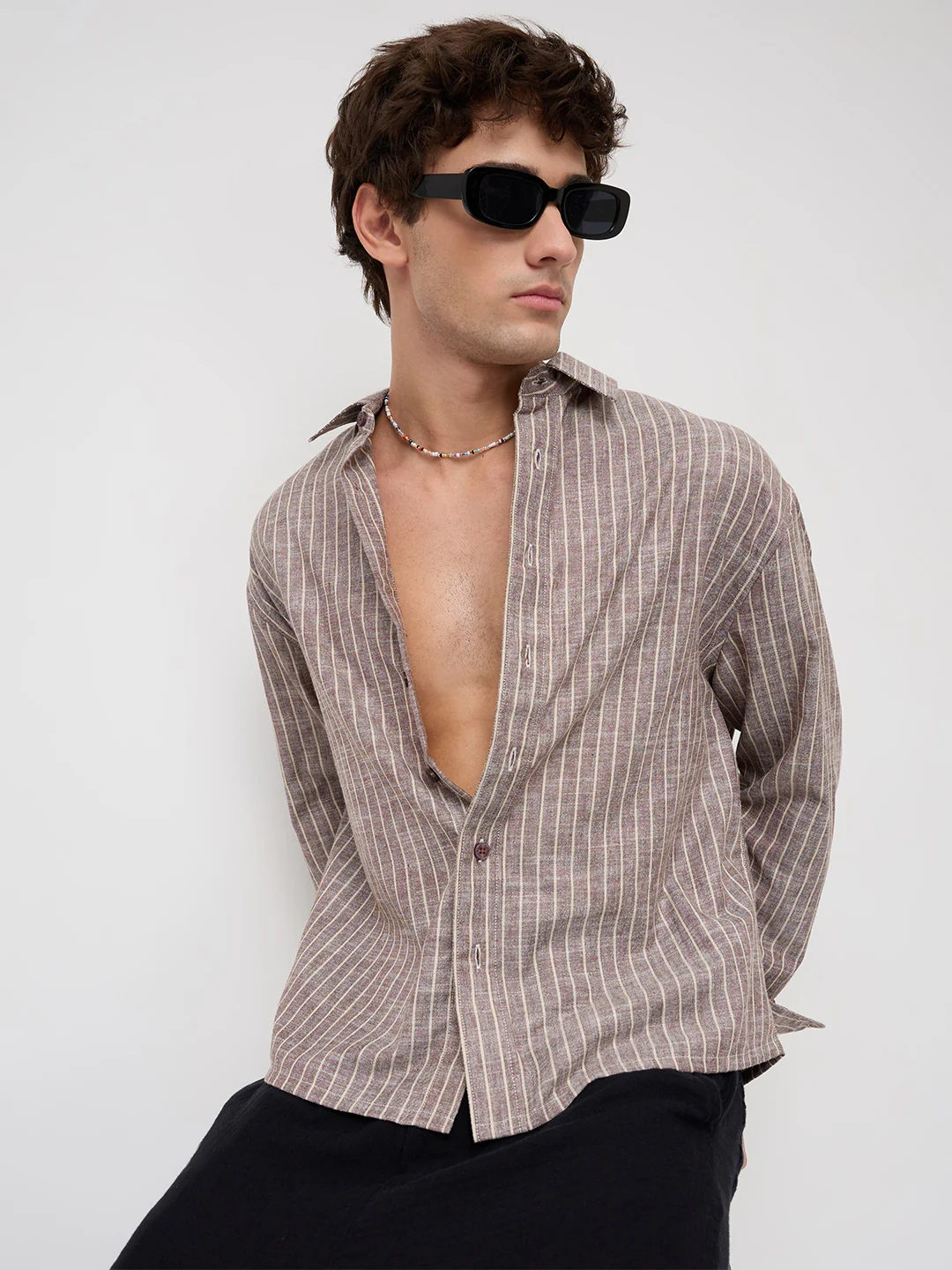 Brown & Ivory Striped Boxy Fit Crop Shirt - Image 2