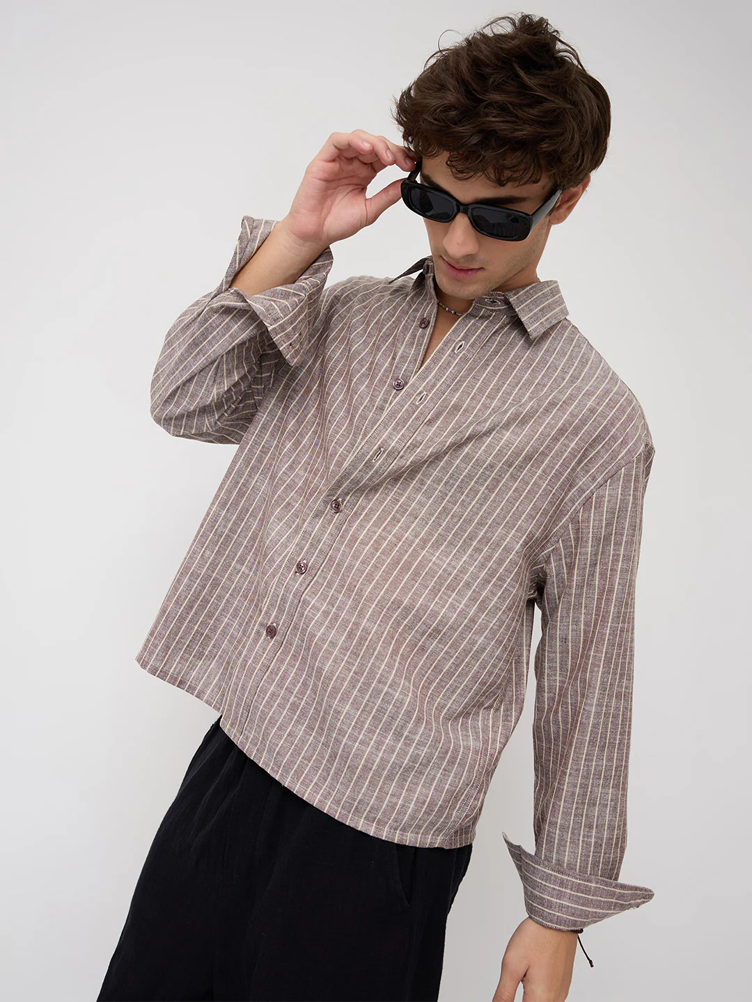 Brown & Ivory Striped Boxy Fit Crop Shirt - Image 4